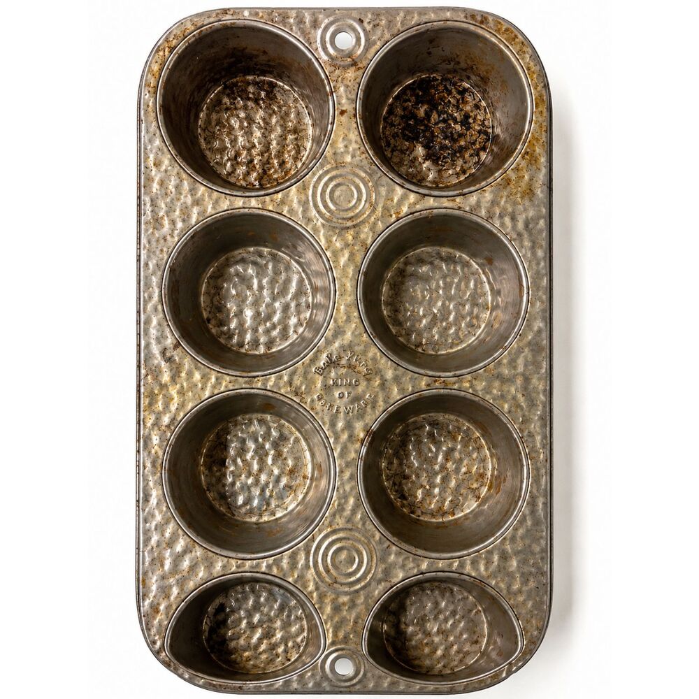 Vintage 1940s Bake King 8 Cup Muffin Pan Hammered Tin Bakeware USA